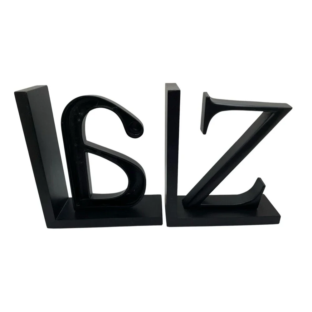 Pair Ikea Black A & Z Bookends Metal Letters on Wood 8” X 7” Library Book Ends